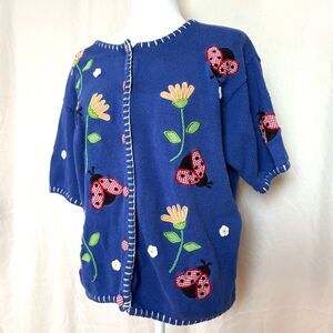 Vintage Short Sleeve cardigan Womens XXL Blue Ladybug Embroidered Cottagecore